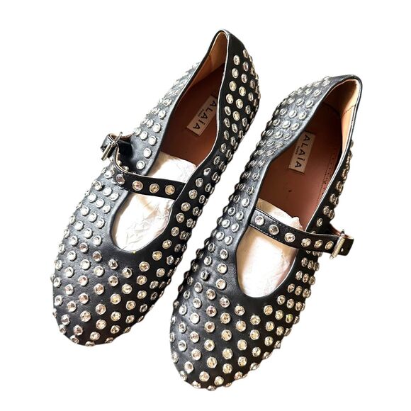 ALAIA Crystal Leather Mary Jane Ballet Flats Black Sz 41 (11) - Picture 4 of 8